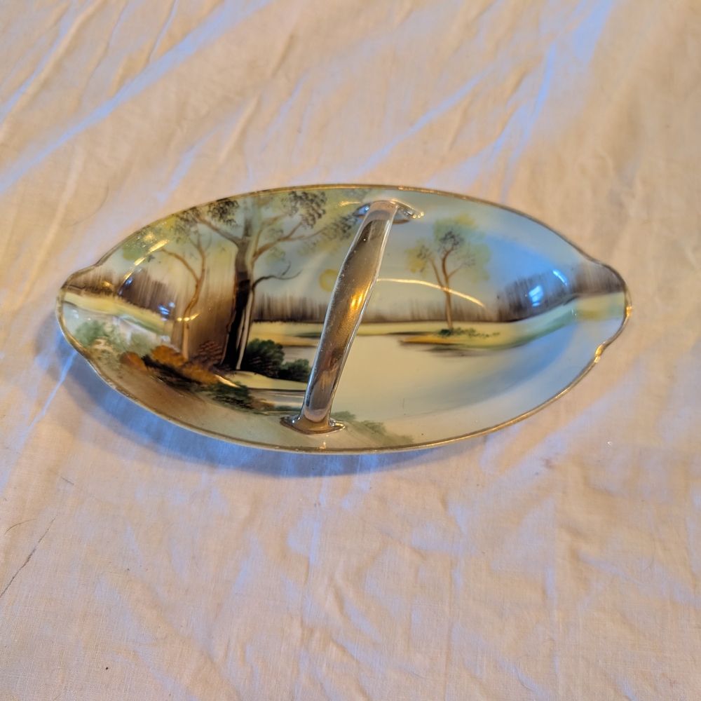 2/30$ Hand-Painted Landscape Ceramic Handle Trinket Dish in Pale Blue and Cream